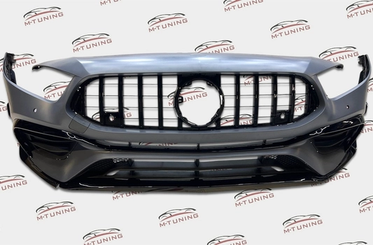 Передний бампер Mercedes A класс W177 стиль AMG 45 (под покрас) с решеткой GT Black