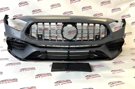 Передний бампер Mercedes A класс W177 стиль AMG 45 (под покрас) с решеткой GT Chrome